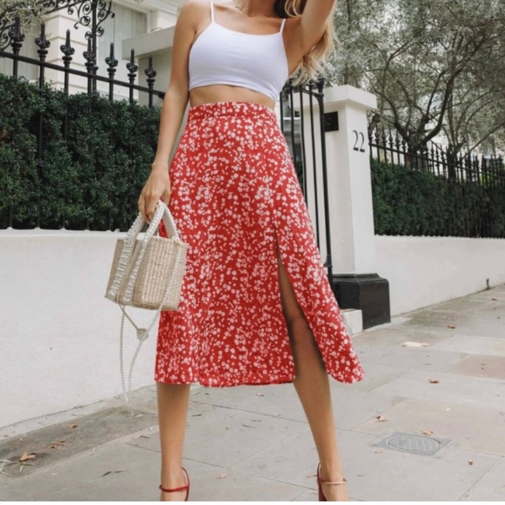 SOLD: Abercrombie Red Floral High Slit Midi Skirt